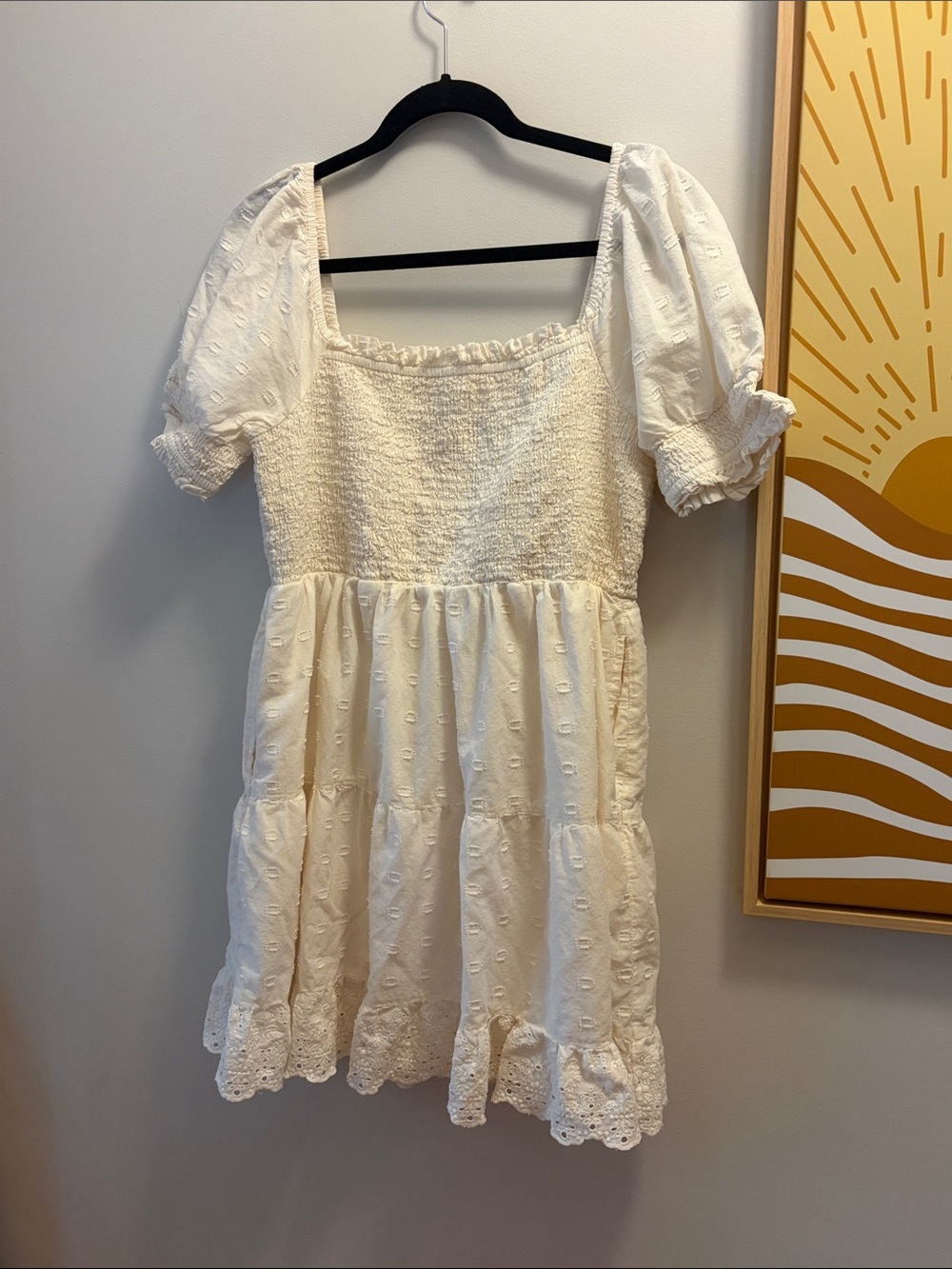 Women’s large Cream Puff-Sleeve babydoll Eyelet Dress. American eagle